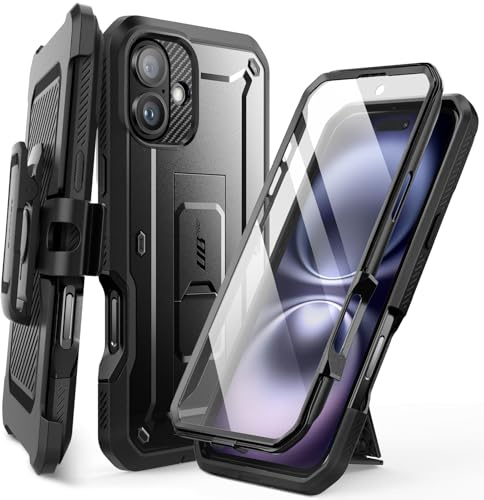 SUPCASE for iPhone 16 Case with Screen Protector (Unicorn Beetle Pro), [Built-in Stand & Belt-Clip] [Military-Grade Protection] Full Body Heavy Duty Phone Case for iPhone 16 (2024), Black