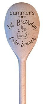 LunaTastic Gifts Personalised Name Date Cake Smash Wooden Spoon Gift - Engraved 1st Birthday Celebration Photo Prop - Keepsake Memory Present for Baby Boy Girl - 30cm Long - Birthday Cake
