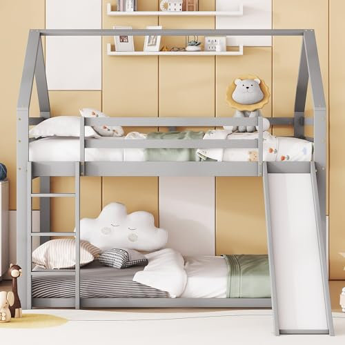BLUON HOME Cama doble para niños, cama litera con tobogán y escalera, para habitación infantil, cama alta y doble, gris, 140 x 200 cm