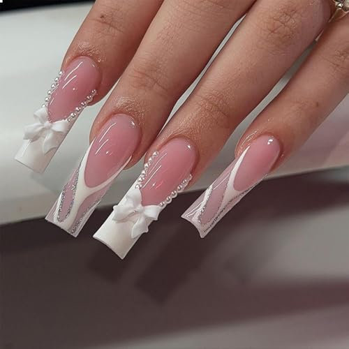 GlamRays French Tip Press On Nails Long Square False Nails Shiny Coffin Artificial Nails with Bow and Rhinestones White French Tip with Pearl Designs Acrylic Nails Pack of 24
