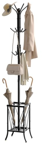 CHOEZON Garderobenständer, Kleiderständer mit Regenschirmständer und 12 Haken, freistehende Garderobe, Jackenständer aus Metal, für Eingangsbereich, Flur, Schlafzimmer, Büro, schwarz DTYM01BB