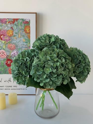 YalzoneMet 4Pcs Dark Green Silk Hydrangea Artificial Flower Big Blooms 20'' Long Stem Vintage Faux Hydrangea Flower Bouquets for Home Party Indoor Outdoor Boho Table Centerpiece Decor