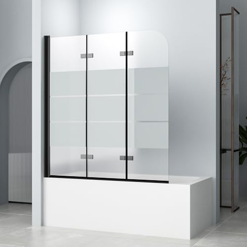 Gestreift Duschwand für Badewanne 140x140cm 3-teilig faltbar Schwarzes Duschtrennwand Glas Duschabtrennung, badewannenaufsatz 6mm ESG Sicherheitsglas