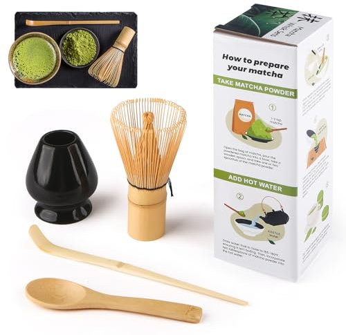 Matcha Kit 4 pezzi Matcha Set, Kit Matcha, include frusta Matcha in bambù, cucchiaio tradizionale, cucchiaio da tè, supporto per frusta Matcha, il set perfetto per preparare una tazza, Nero
