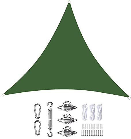Tenda parasole, impermeabile, triangolare, 4 x 4 x 4 m, antivento, anti-UV, tenda parasole da giardino, con corda inclusa, per esterni, patio, prato, pergola, terrazza, verde scuro