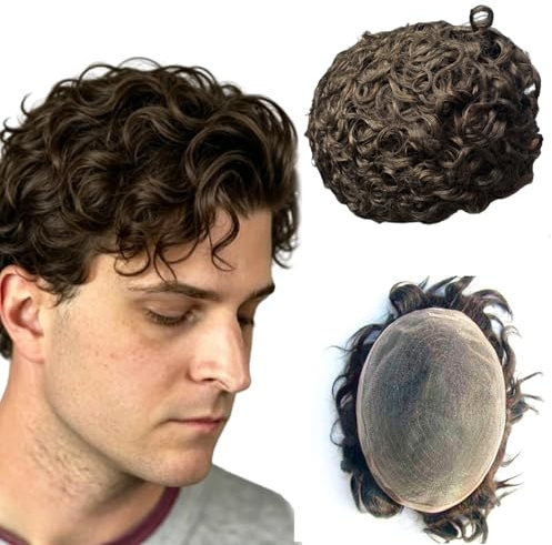 NLW Echthaar Toupet Männer Vollspitzen 10mm Locken Haarsystem Mann 100% Echthaar-System für Herrenperücken,Basis Größe 8 x 10 Zoll, 120% Dichte # 4 Hellbraun