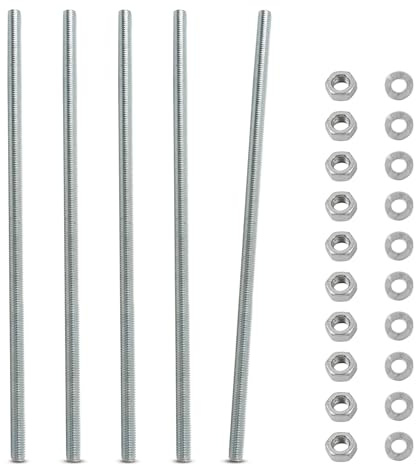 5 Stück Gewindestange M10 Verzinkt, 300 MM Gewindestange, Gewindestange mit Metrischem Vollgewinde mit 10 M10 Muttern und 10 Unterlegscheiben, Gewindestab für Die Maschinen und Möbelherstellung
