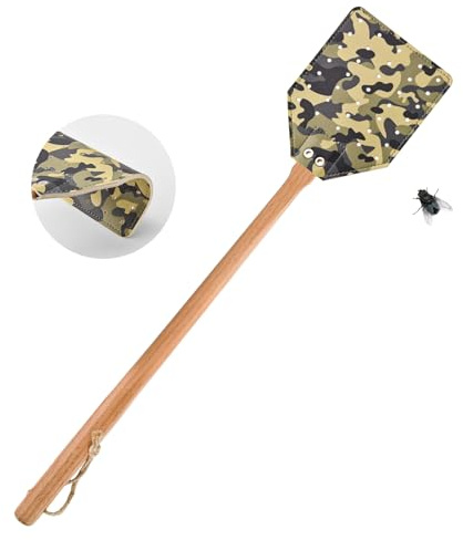 1 Packung Camouflage Leder Fliegenklatsche Holz Heavy Duty Langer Griff Fliegen Insekten Fänger Killer für Innen Schädlingsbekämpfung Manuelle Klatsche für Outdoor Käfer Mücken Fliegen Bienen Spinnen