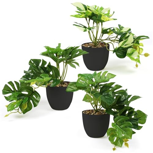 3 Stück Künstliche Pflanzen Wie Echt - 25cm Monstera Fake Pflanzen, Monstera Kunstpflanze in Töpfen, Fake Pflanzen Innen und Außen Kunstpflanzen für Tischdeko Zimmer Wohnzimmer Badezimmer Deko