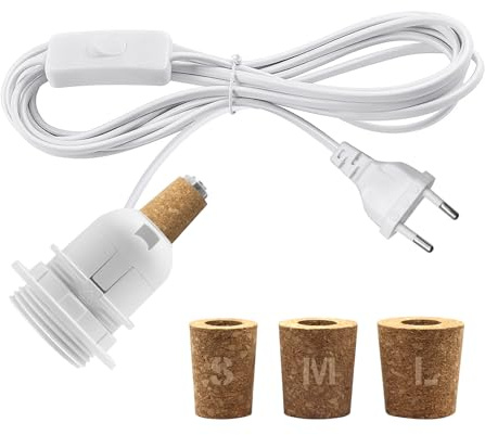 Kit Lampe Bouteille, E27 Support Ampoule avec 2.4M Câble, Douille Bouteille Lampe, Adaptateur de Bouteille, Inclus 3 Bouchons Souples, Douille Ampoule pour Bouteille, Pour DIY Abat Jour, Blanc