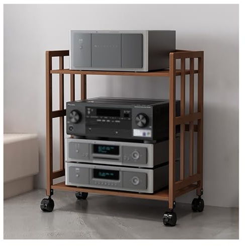 Móvil con ruedas – Gabinete de almacenamiento de medios ajustable de 2 niveles para equipos estéreo, estante AV, estantería de video rodante, soporte resistente, unidad de entretenimiento en el hogar