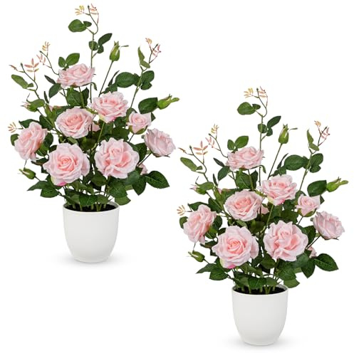 Briful 2-Pack 2Ft Artificial Roses in Pot Pink Rose Silk Flowers Home Decor | 60 CM Tall Fake Plants in White Pot Artificial Rose Flower for Living Room, Porch, Office & Hotel Decorations