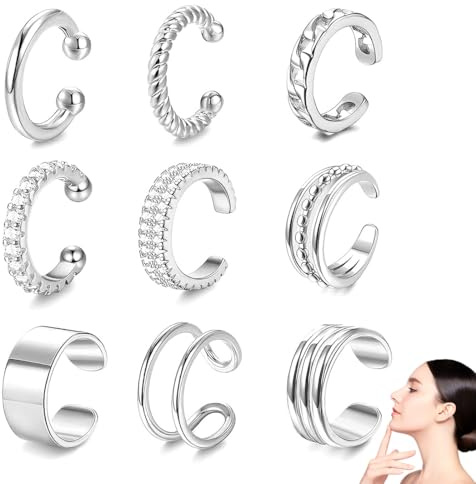 UIEXAY 9Pcs Ear Cuff Pendientes Oreja Sin Agujero Para Mujere Ajustables Pendientes Clip Pendientes Falsos Hipoalergénicos Falsos Oreja Helix Puños Cartílago Pendientes Corrector Orejas Soplillo