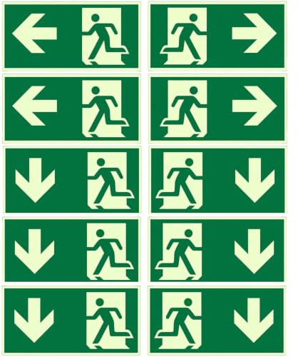 10 cartelli di emergenza retroilluminanti, 300 x 150 mm, autoadesivi: 2 x sinistra, 2 destra, 4 x inferiori, 2 x superiori, 2 x pellicola riflettente lavabile per scale, corridoio, cantina e edifici