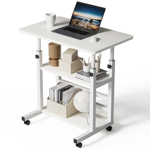 Warmiehomy Adjustable Height Computer Desk with Wheels 60x37x60-90cm, White | C Shaped Desk with 2 Shelves. Mobile Laptop Table with Wheels. Overbed Table for Bedroom, Sofa, Home Office, Living Room.
