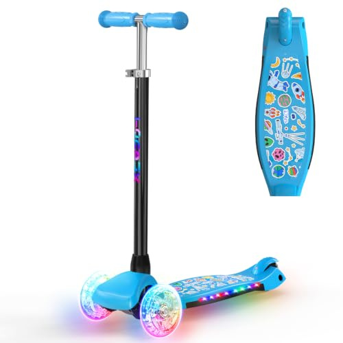 TONBUX Roller Kinder 3 Jahren, Kinder Roller mit Cool Beleuchteten Vorbau, Rädern und Deck, Verstärktes Metall-Deck, Höhenverstellbar 65–80 cm, Sensibler Hinterradbremsen, Roller für von 3–8 Jahren