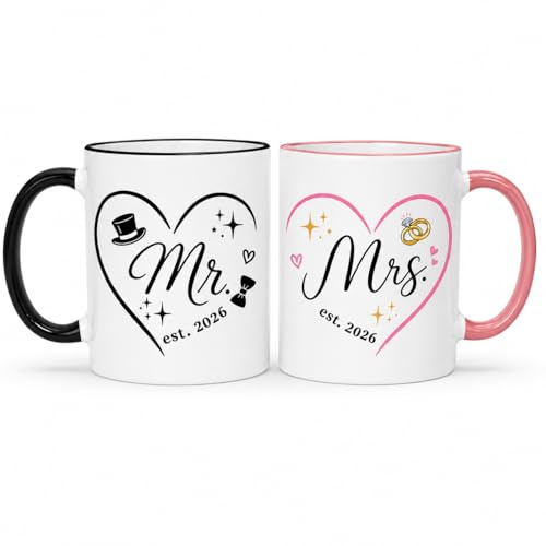 Mr and Mrs Gifts Mug Set, 2026 Est. Wedding Gift for Couples, Ceramic Coffee Cup Pair, His and Hers Gifts Black & Pink Engagement Anniversary Present