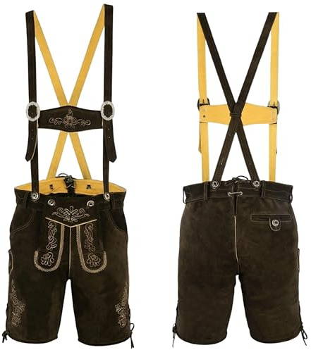 German Wear Trachtenlederhose Herren aus Nappaleder Wildleder mit Hosenträgern – Kurze Trachtenhose aus Echtleder Lederhose für Volksfest Trachtenfest Freizeit Dunkelbraun