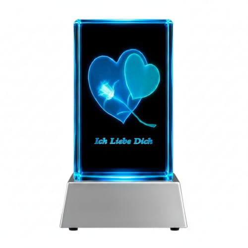 Kaltner Präsente Stimmungslicht – EIN ganz besonderes Geschenk: LED Kerze/Kristall Glasblock / 3D-Laser-Gravur Herz Rose ICH Liebe Dich