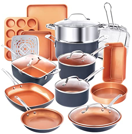 Ensemble de 20 casseroles et poêles Gotham Steel, Batterie de Cuisine complète et ustensiles de Cuisson | Revêtement céramique antiadhésif en cuivre : poêles à Frire
