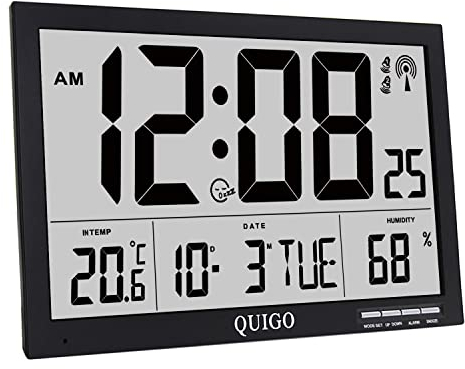 QUIGO Large Digital Wall Clock Radio Controlled Temperature Humidity Alarm Battery Operated Office Living Room Bedroom Desk Black…