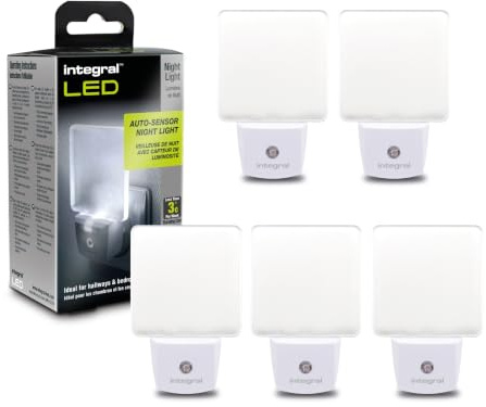 Integral LED Lot de 5 veilleuses avec capteur jour/nuit à brancher sur secteur | Allumage/extinction automatiques | Lumière douce | Transparente | Idéale pour chambres, couloirs, escaliers, paliers