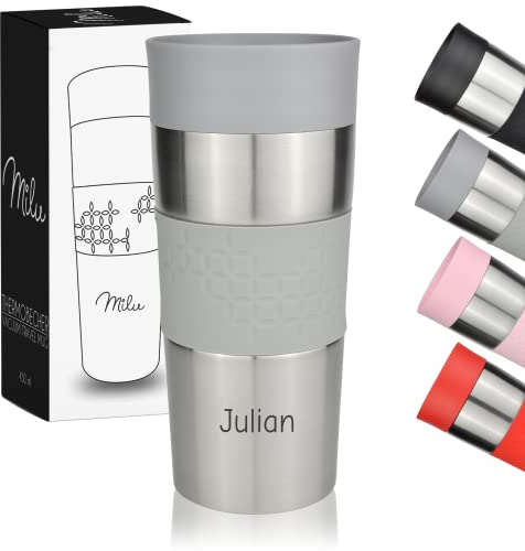 Milu Thermobecher mit Gravur - 350ml - Geschenkidee personalisiertes Geschenk Geburtstagsgeschenk Weihnachten für Männer Frauen Mama Papa Freundin (350ml, Grau)