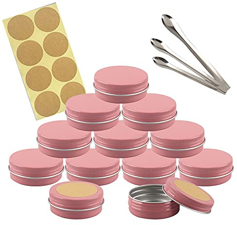 TIANZD 10 Pieces 50 ml Empty Pink Round Aluminum Tin Jars with Screw Lids Cosmetics Lip Balm Containers Pots for DIY Candle Salve Salt Powder Crafts Storage Cans with 3x Spoon, 10x Labels