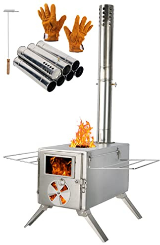 LAMA Tent Stove, Folding Stainless Steel Tent Wood Stove with Stainless Wall Chimney Pipes & Sides, Portable Wood Burner Stove for Heating Cooking Tents Shelter Garden Camping, Silver