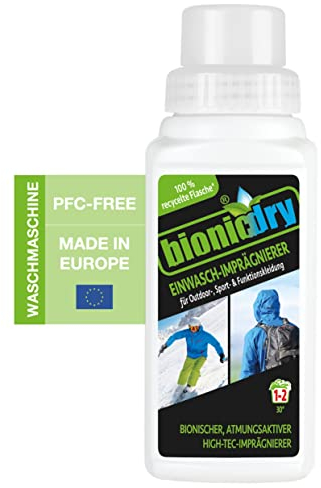 bionicdry Einwasch-Imprägnierer 250 ml, für für Outdoorkleidung, Sportkleidung und Funktionskleidung, Nässeschutz auch für Schuhe, Rucksäcke, Zelte und Sonnensegel