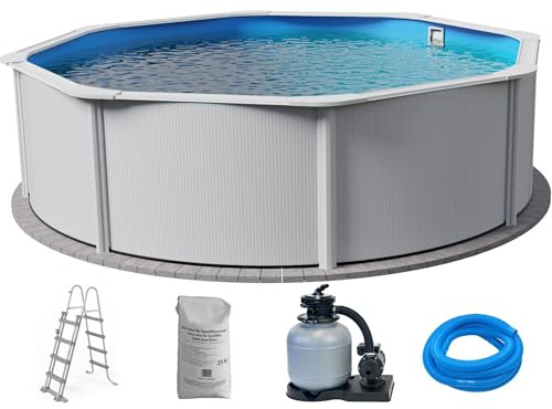 Planet Pool Stahlwandpool Set (5-teilig) hoch rund Classic 450 x 120 cm, Stahl 0,4 mm weiß Folie 0,3 mm blau