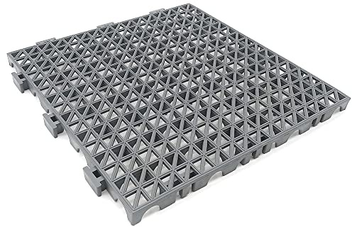12 Dalles PVC Renforcées Gris ≈1,3m² Anti-humidité Garages et Entrepôts | Sol drainant en PVC avec dalles renforcées anti-humidité et rampes. Pour débarras, caves, entrepôts et zones humides