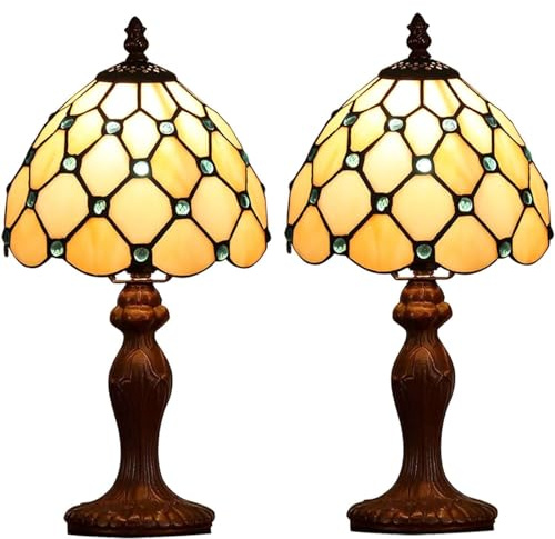 FUMAT Tiffany Tischlampe, Retro Deko Lampe Tischleuchte Nachttischlampe, Bunte Glas Lampenschirm, Mit E27 LED Glühbirne, für Schlafzimmer Wohnzimmer (2 Stück White Perle)