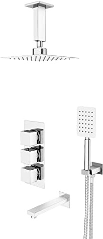 Olive Square 3 Way Concealed Thermostatic Shower Mixer Valve, Ceiling Shower Head, Handset, Spout Set Chrome