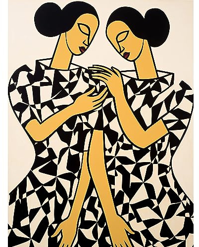 Artery8 Women in Geometric Pattern Dresses Matisse Style Black Beige Sisters Geometric Large Wall Art Poster Print Thick Paper 18X24 Inch