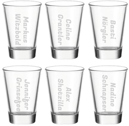 LUXENTU Schnapsgläser mit 2-zeiliger Gravur vertikal, 60 ml, 6 Stück | Personalisierte stapelbare konische Shot-Gläser für 2 cl & 4 cl, Geschenk für Freunde & Familie, Spülmaschinenfest