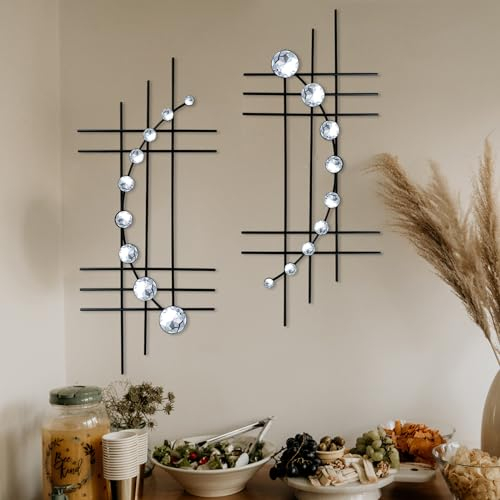 ZEXUIRU Bling-Metall-Wanddeko mit Schmuckkristallen, Wandaufhängung, Strass-Diamant, abstrakte Wandskulptur aus Eisen, Schwarz, 2er-Set