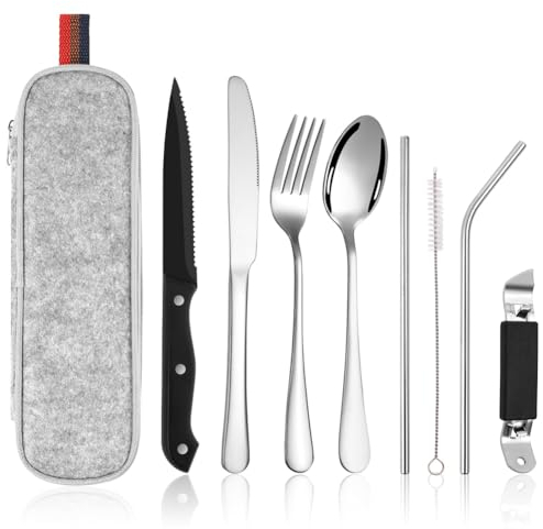 HOTUT Set di Posate Acciaio Inox, 9 Pezzi Posate Da Campeggio Kit Con Custodia, Posate Da Viaggio con Cucchiaio Forchetta Coltello Tavola Coltello Bistecca Bacchette Cannucce Spazzola, Argento