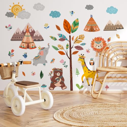 Runtoo Wandtattoo Waldtiere Baum Wandsticker Safari Baby Dschungeltiere Löwe Giraffe Elefant Wandaufkleber Kinderzimmer Babyzimmer Mädchen Junge Wanddeko