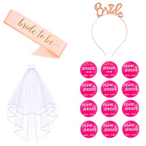 Bride to Be, Junggesellinnenabschied Frauen Set Schärpe, Schleier Rosegold Stirnband Tiara und 12 Aufkleber (Bride to Be & Team Bride) für Bachelorette Party,15 Stück