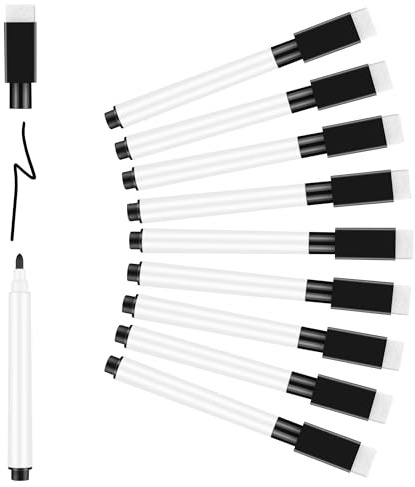 Meetory 10 stycken whiteboard markörer magnetisk, foliepenna avtorkningsbar torr avtorkbar penna foliepenna med suddgummi, penna svart för skola hem och spel (11,3 x 1 cm)