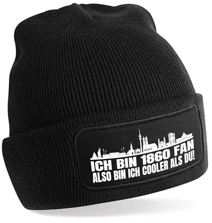 Beanie Strickmütze mit Spruch | Ich bin 1860 Fan also bin ich cooler als du! | Farbwahl | weiche und warme Fußball Mütze für München Fan | Skyline | SoftTouch Einheitsgröße für Erwachsene