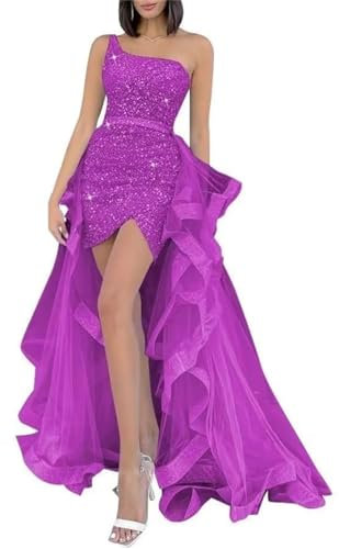 KURFACE Vestido de fiesta corto brillante con lentejuelas de un hombro para adolescentes con cola desmontable de tul WSX454, fucsia, 48