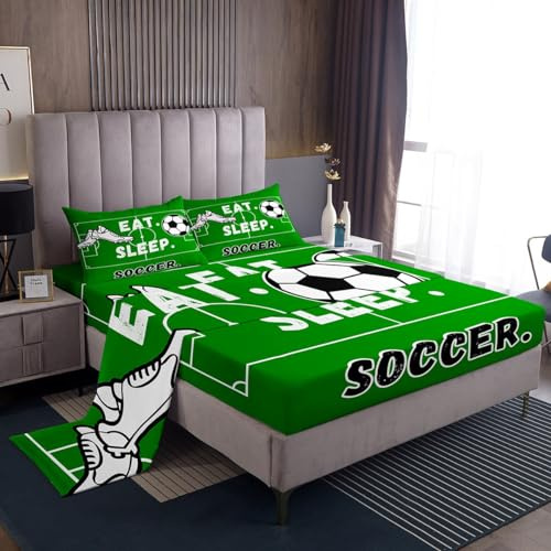 Feelyou Kids Football Bed Sheets Cool Sport Theme Bedding Set for Boys Teens Eat Sleep Soccer Decor Green Sheet Set Ball Games Bed Set Bedroom Collection 3Pcs Full Size