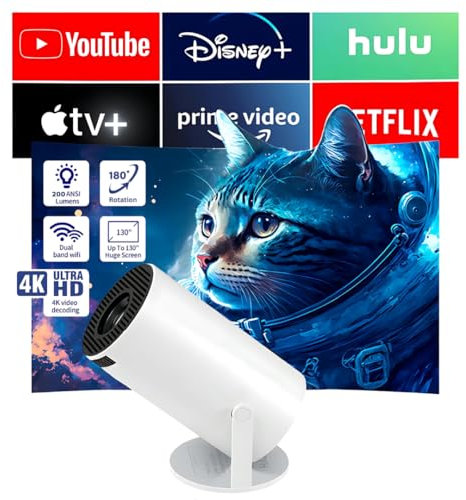 HY300 PRO Bedroom Projector with WiFi and Bluetooth, 4K Support Smart Portable Projector Auto Keystone, Air Mouse Remote, Voice Control, 180 Degree Rotation, Home Video Proyector Android 11