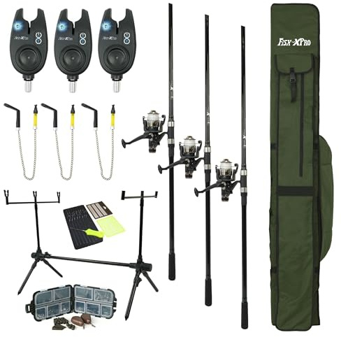 FISH-XPRO Set di carpe Plus 3 canne - Set di aste per carpe nero - 96 pezzi - allarme morso - scambisti - Rod pod - Schienale - Holdall - Extra completo - Tutto ciò di cui hai bisogno!
