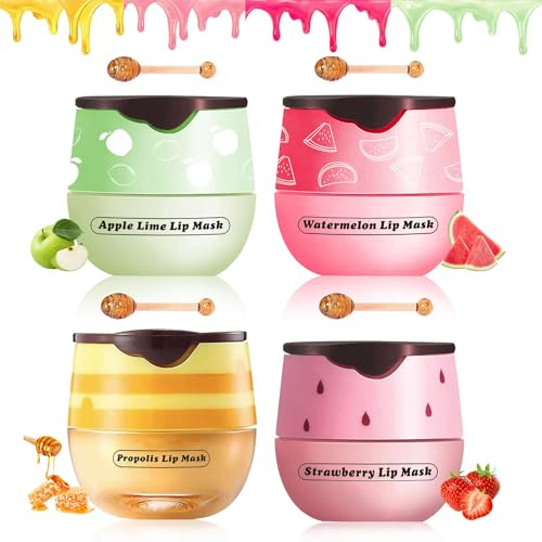 TIRDET 4 PCS Bee Lip Balm Honey Pot, Honey Strawberry Watermelon Apple Sleeping Lip Mask Overnight with Sticks, Exfoliating Prevention Dry and Crack Lip Scrubs