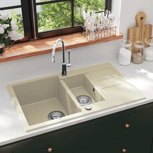 CIADAZ 144858 Évier de cuisine en granit avec deux bacs beige, meuble à pile pour buanderie, évier de cuisine, évier sur comptoir, évier de salle de bain, comptoir, piques de cuisine
