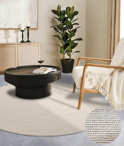 Villeroy & Boch Wollteppich Francois Rund - Natur Wohnzimmerteppich - Handgewebt & Natürlich - Boho Teppich Wolle für Wohnzimmer, Schlafzimmer, Esszimmer, Flur, Küche – Natur Weiß, 200cm