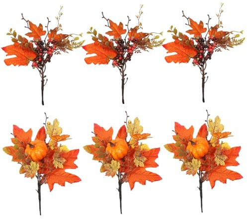 Höstblomplektrum, 6 st konstgjorda höstblomstjälkar med lönnblad, pumpa och bär, 25 cm höstlöv dekor för skörd höst Thanksgiving halloween pumpa stjälkar höst blomsterarrangemang höst